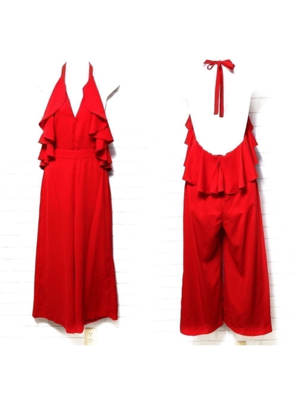 ROMEO + JULIET Red Halter Ruffle Crop Jumpsuit S